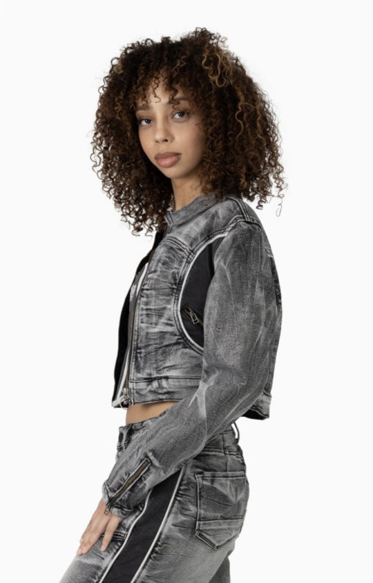 Snake Skin Bustier, Jean Trucker Jacket And High Rise Wide Leg Set