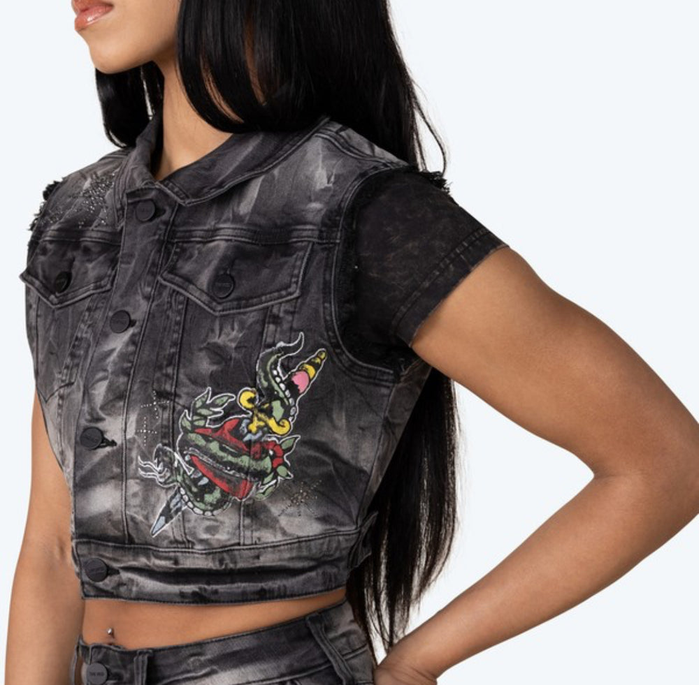 Graphic Rhinestone Embedded Denim Short Set