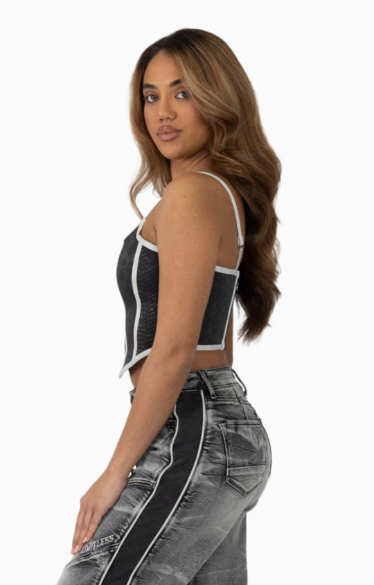 Snake Skin Bustier, Jean Trucker Jacket And High Rise Wide Leg Set