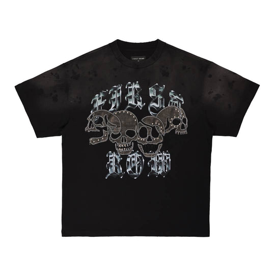 Black t-shirt with metallic skull design and text on a white background