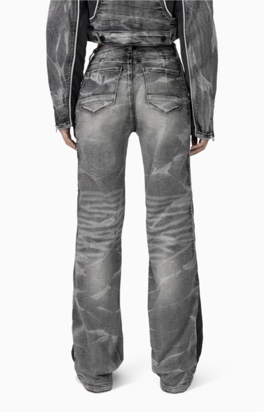 Snake Skin Bustier, Jean Trucker Jacket And High Rise Wide Leg Set