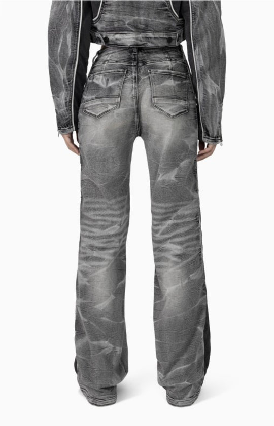 Snake Skin Bustier, Jean Trucker Jacket And High Rise Wide Leg Set