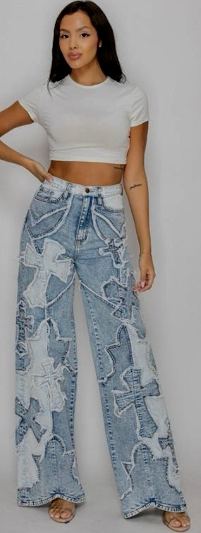 Cross Patch Wide Leg Jeans