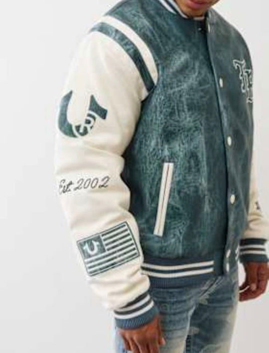 Retro Denim Print Varsity Jacket