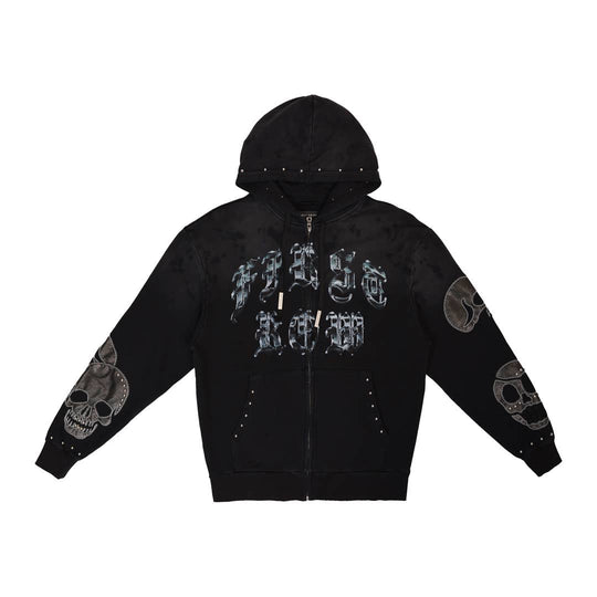 Black hoodie with graphic designs on a white background