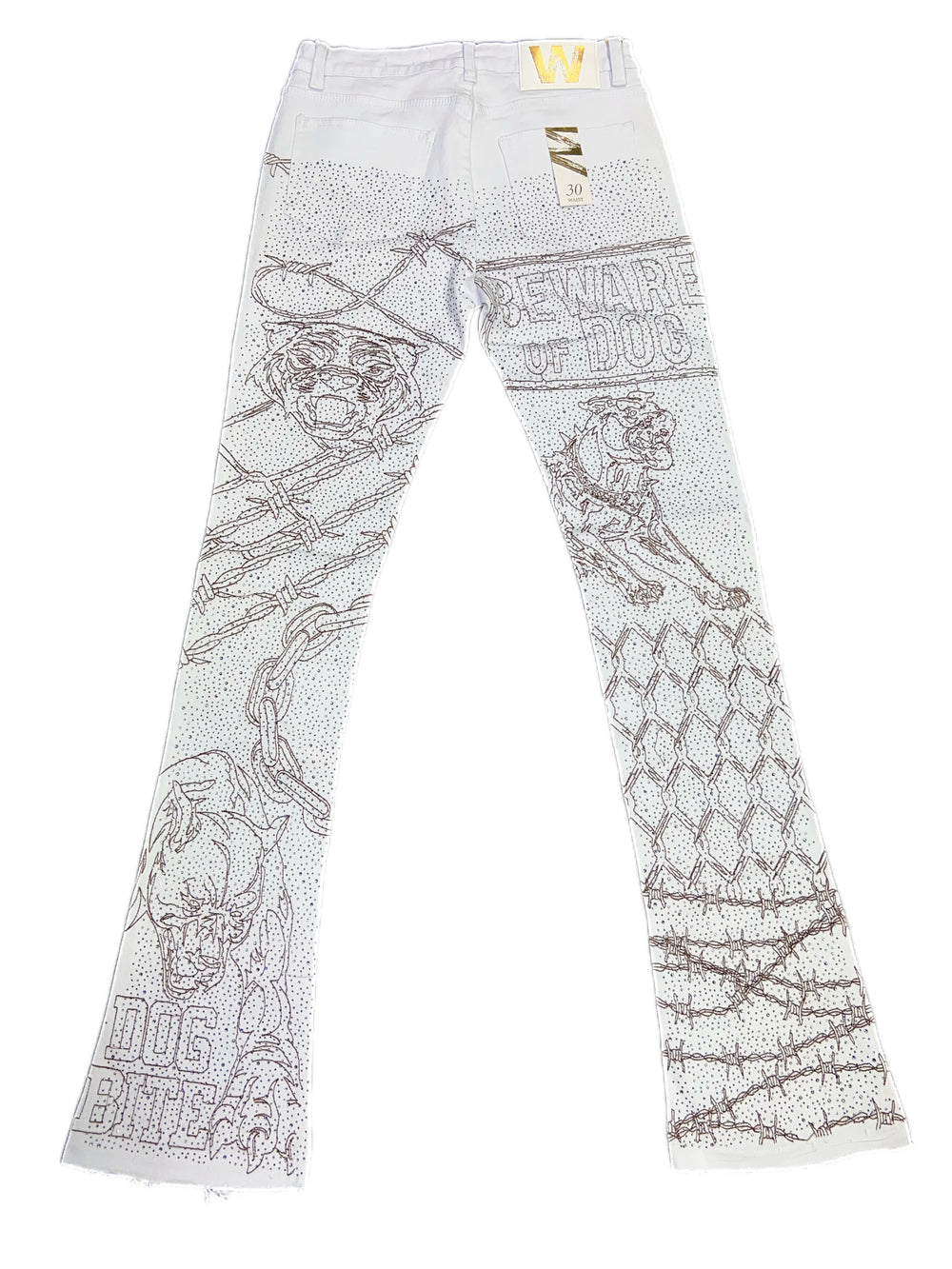 Beware of the dog embellished white stacked jeans