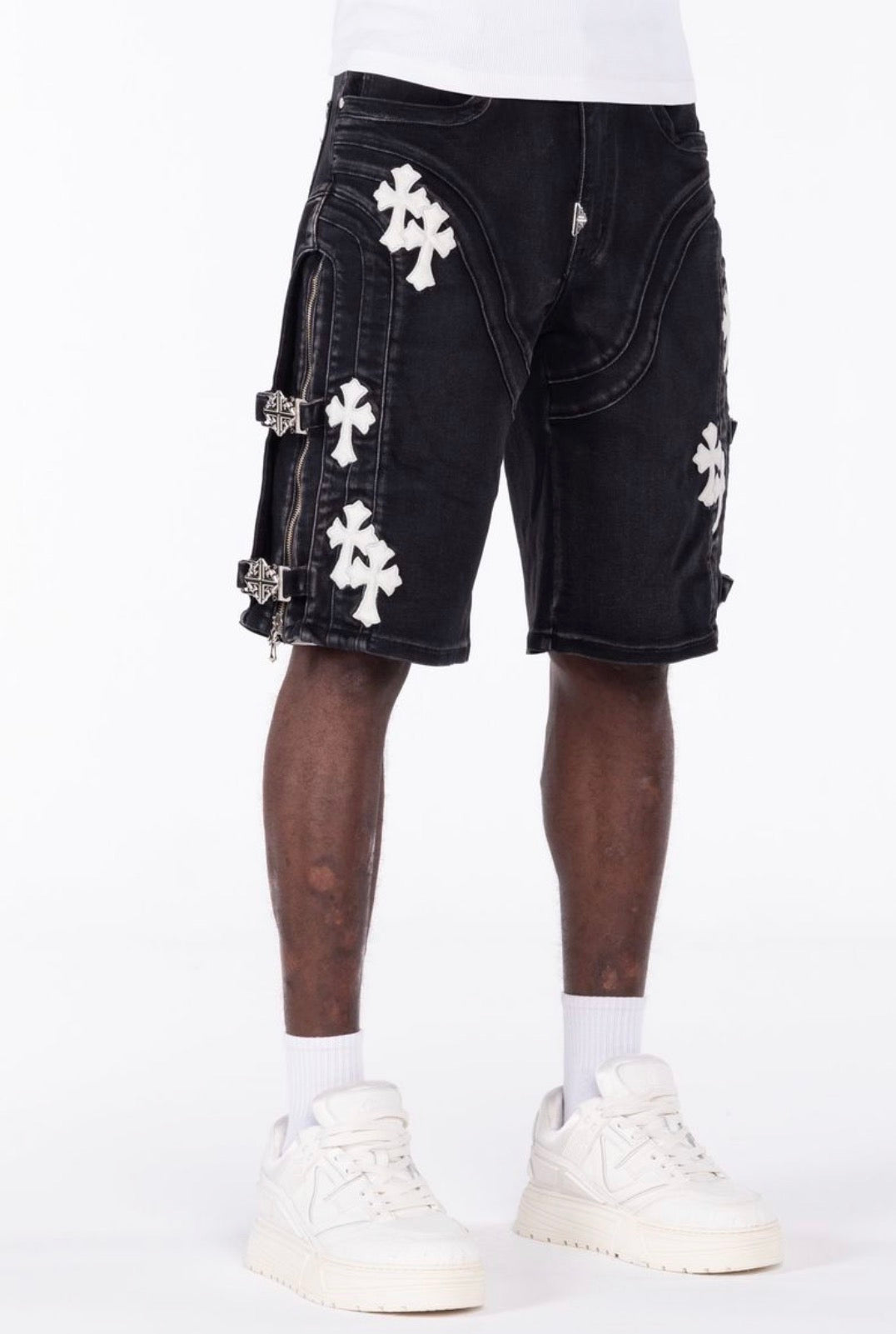 Obsidian Black Cross Buckle Jean Shorts