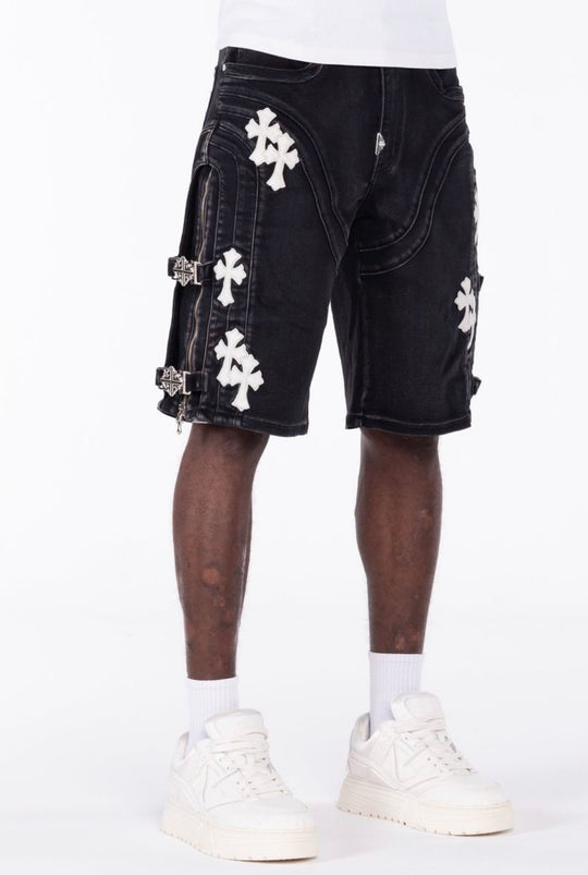 Obsidian Black Cross Buckle Jean Shorts
