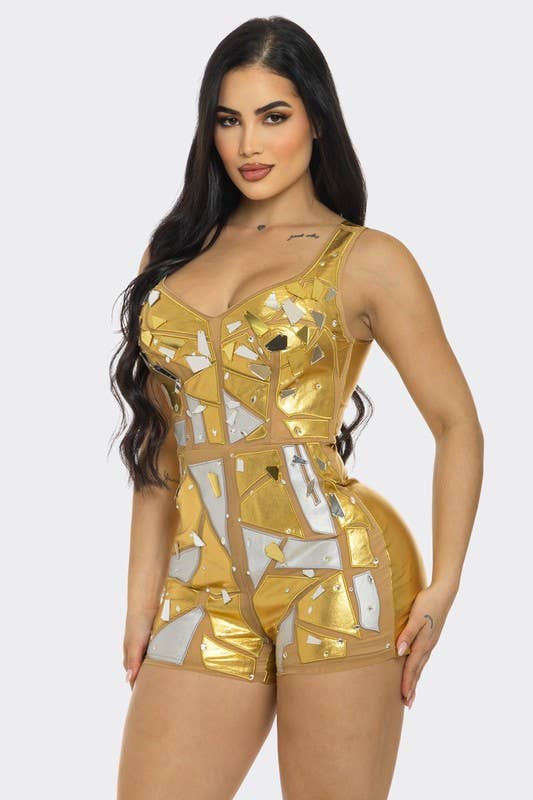 Metallic Mirror Rhinestone Patchwork Romper