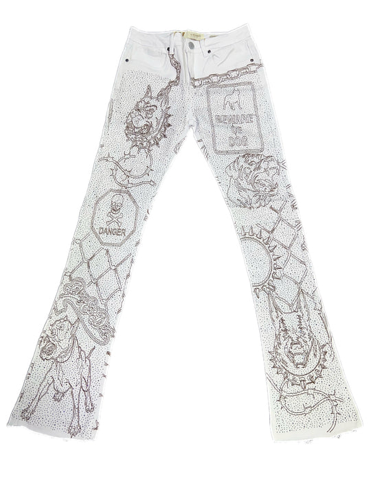 Beware of the dog embellished white stacked jeans