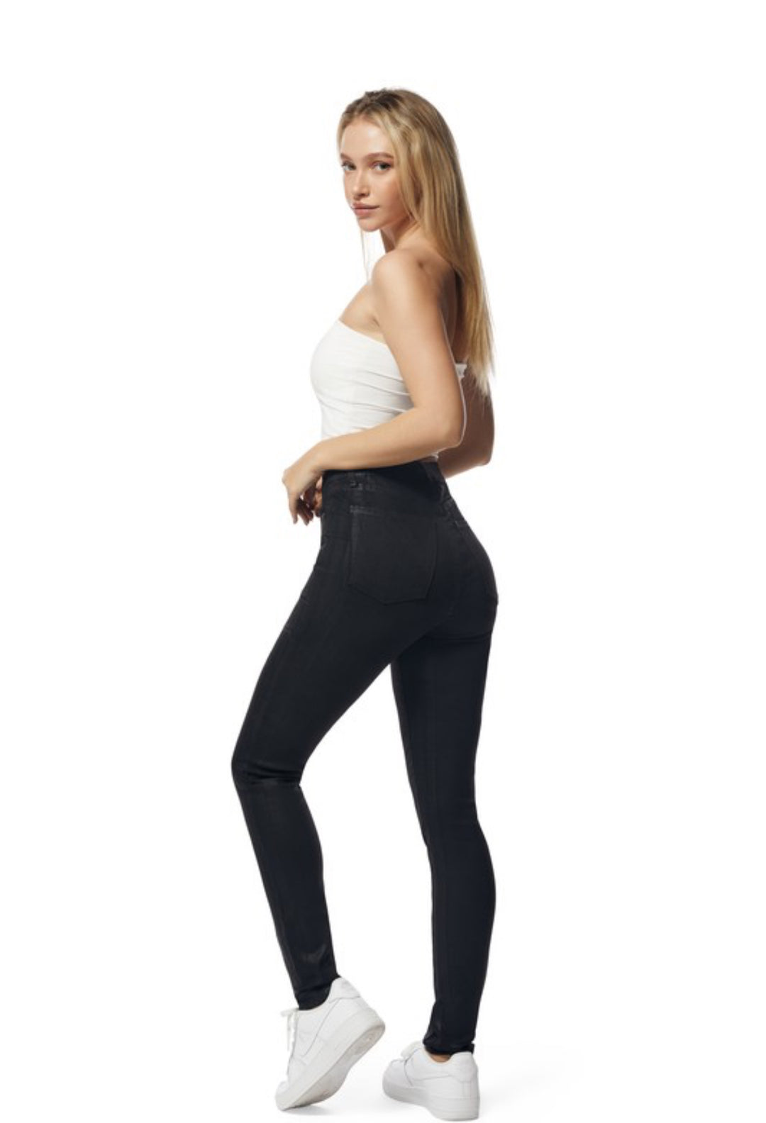 High Waisted Polished Wax Skinny Jeans