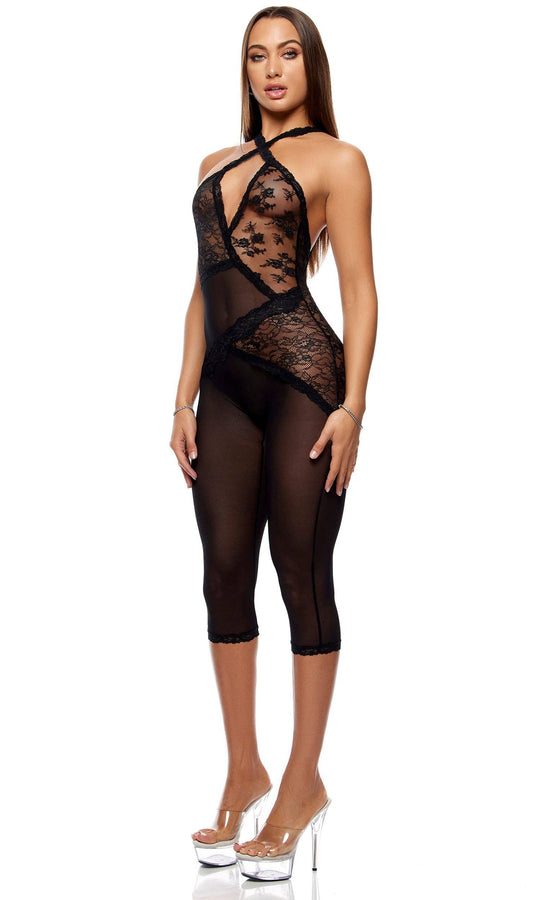 Patch of Petals Lace Capri Catsuit - Black