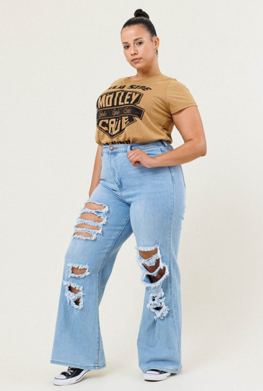 Blue high waisted distressed wide leg jeans