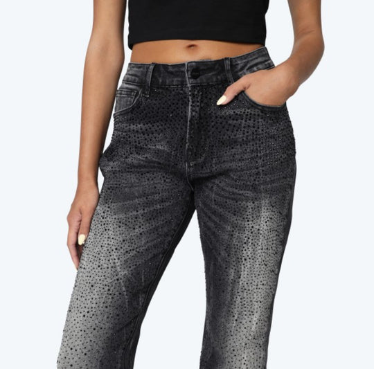 All Over Rhinestone Stacked Jeans