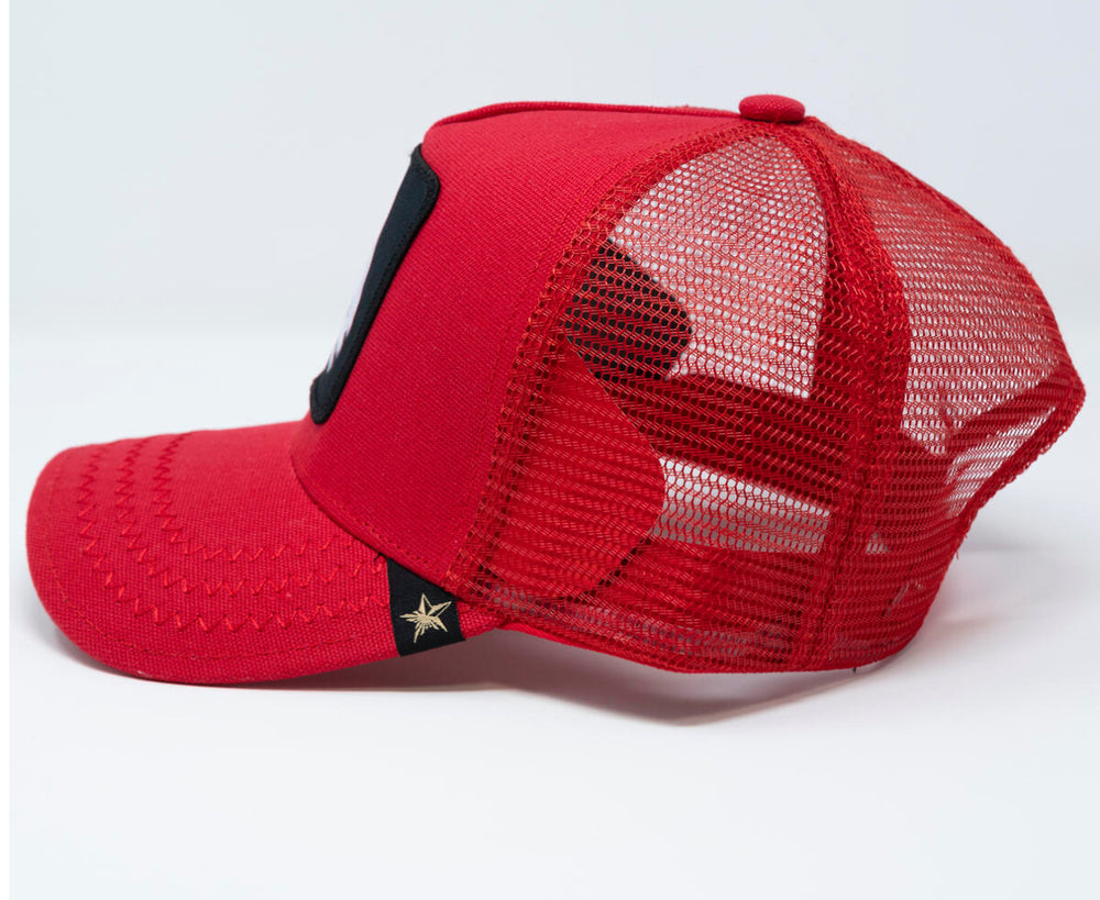 Red goat trucker hat