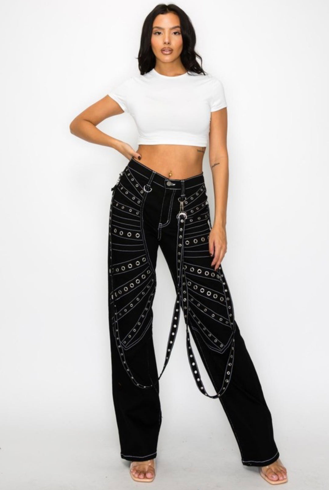 Mid Rise Straight Leg Eyelet Jeans