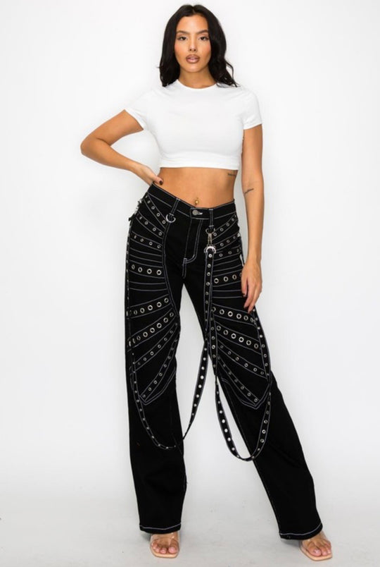 Mid Rise Straight Leg Eyelet Jeans