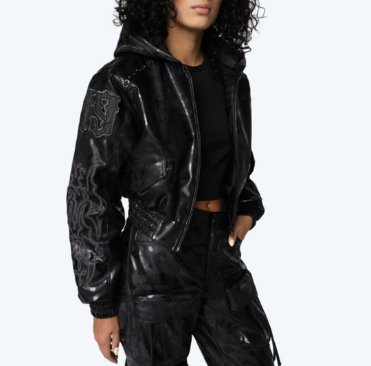 Appliqué Zip Up Hooded PU Jacket