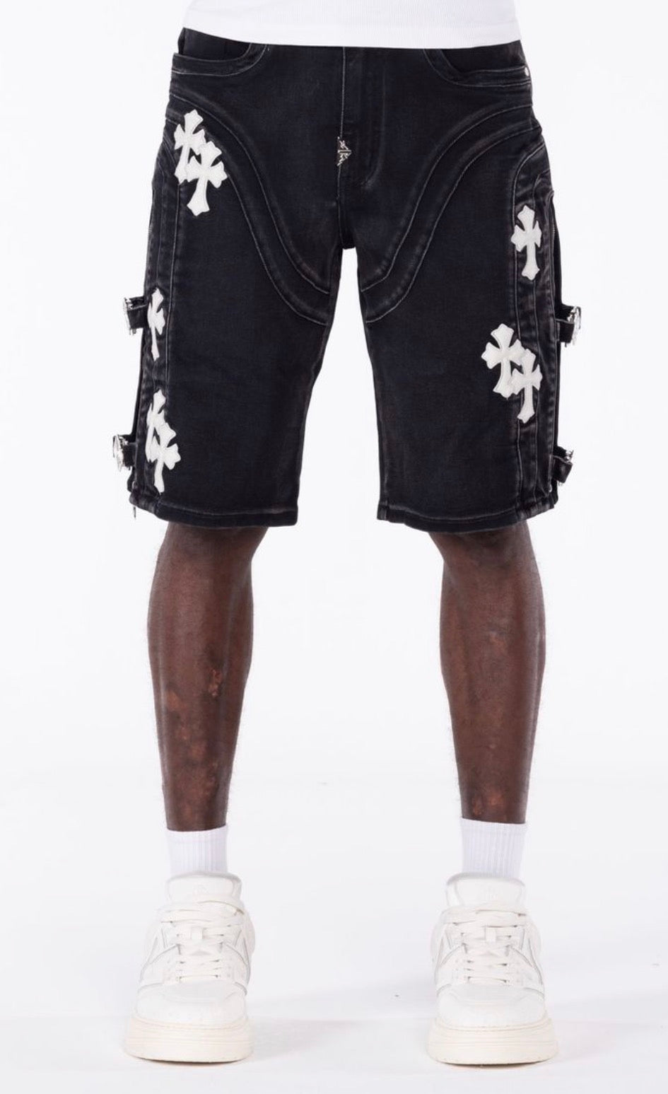 Obsidian Black Cross Buckle Jean Shorts