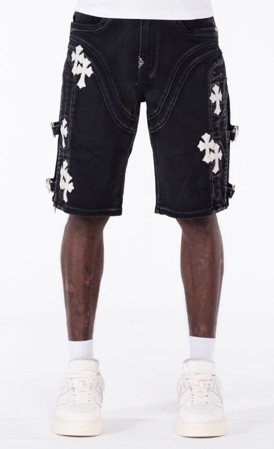 Obsidian Black Cross Buckle Jean Shorts