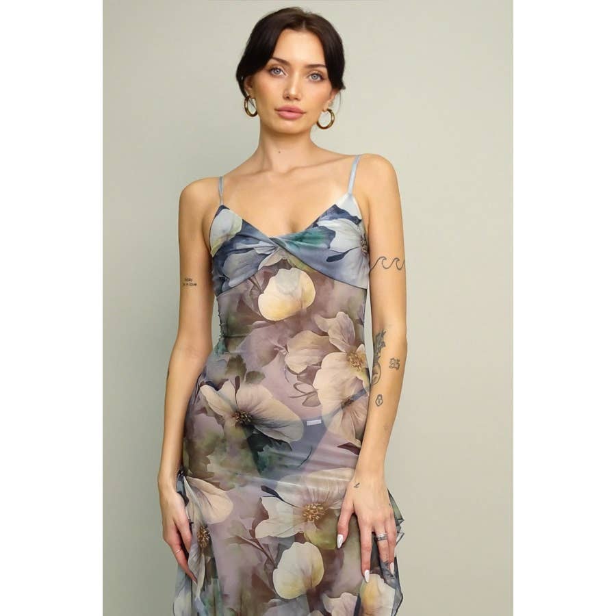 ADELIA ROMANTIC FLORAL MESH RUFFLED DRESS
