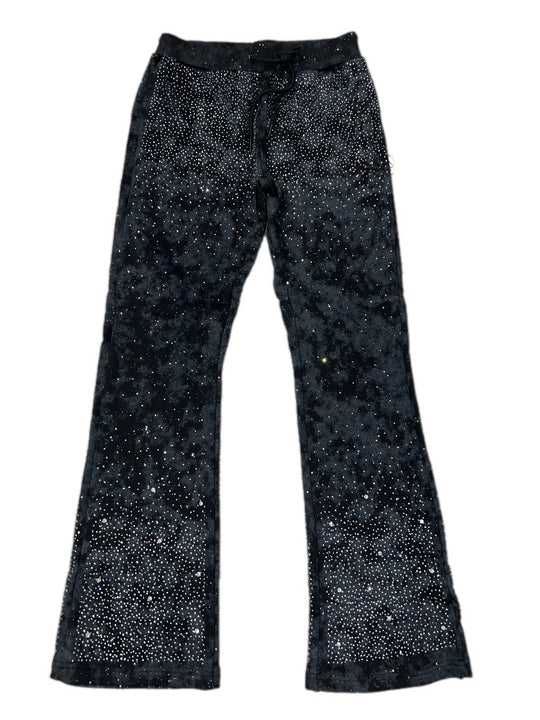 Black bell-bottom pants with rhinestone embellishments on a white background