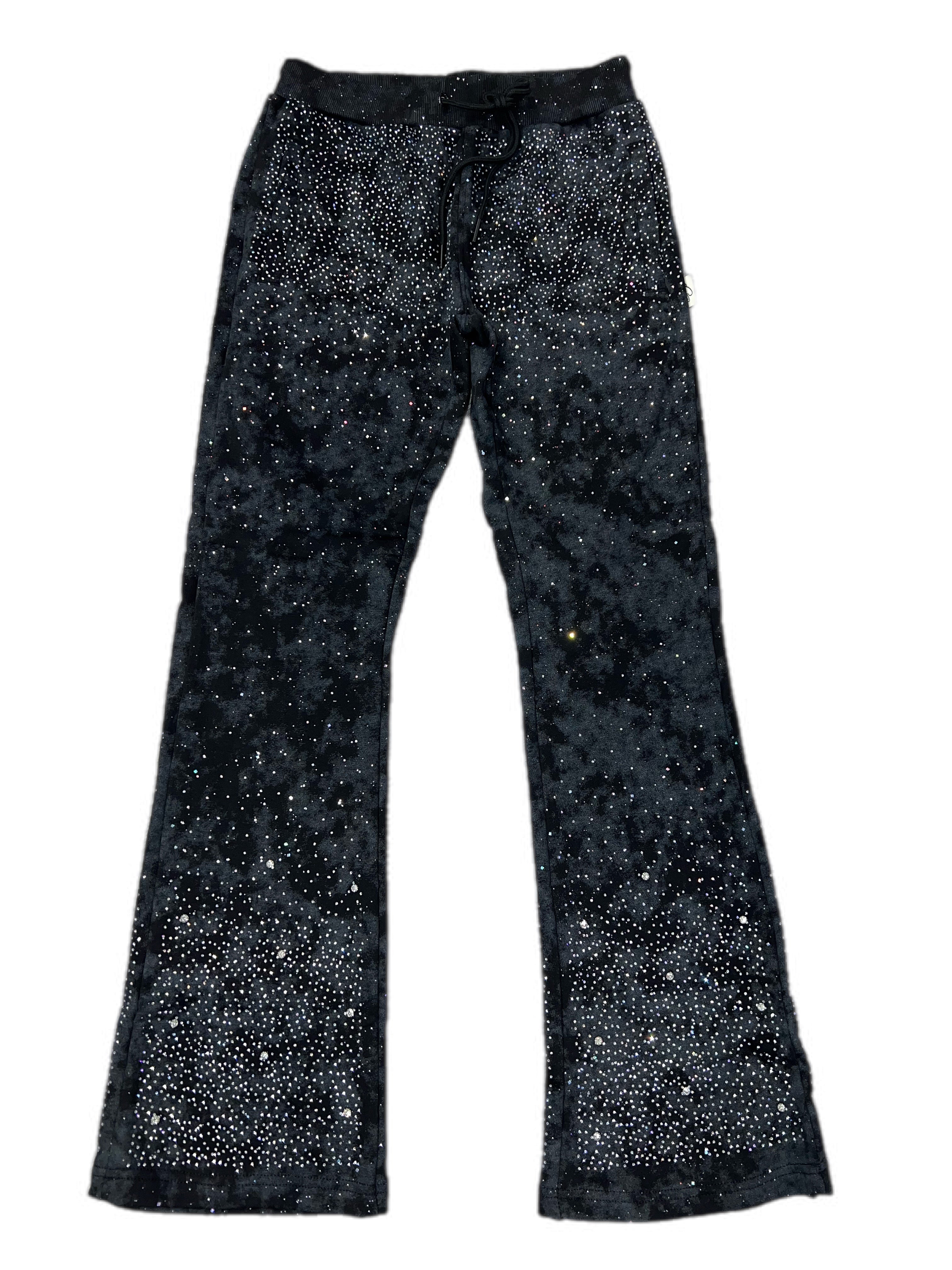 Black bell-bottom pants with rhinestone embellishments on a white background