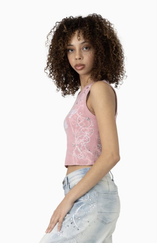 Bliss Fitted Tank and Rhinestone Mid Rise Wide Leg Jeans Set