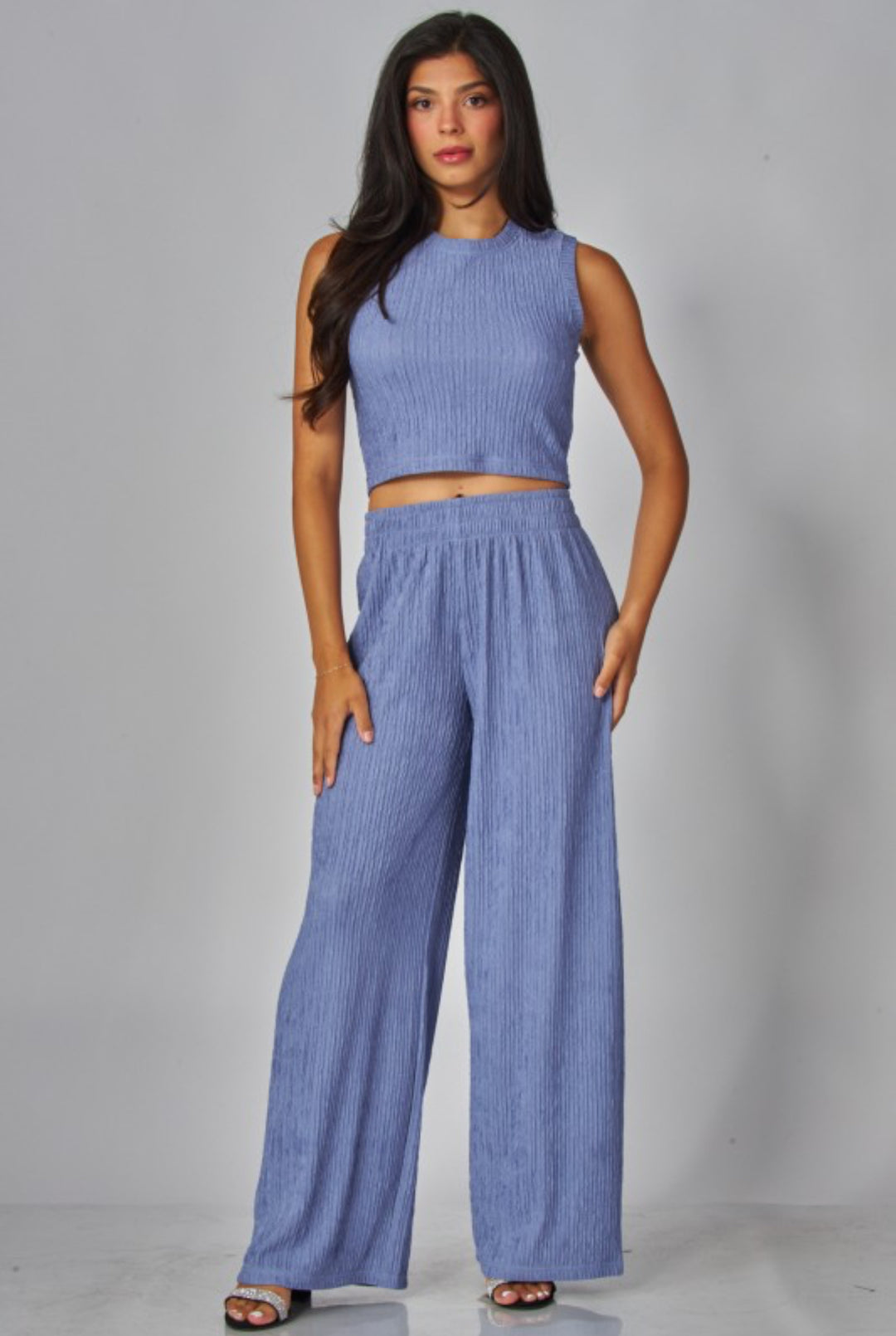 Crinkled Rhinestone Crop Top Loungewear Set