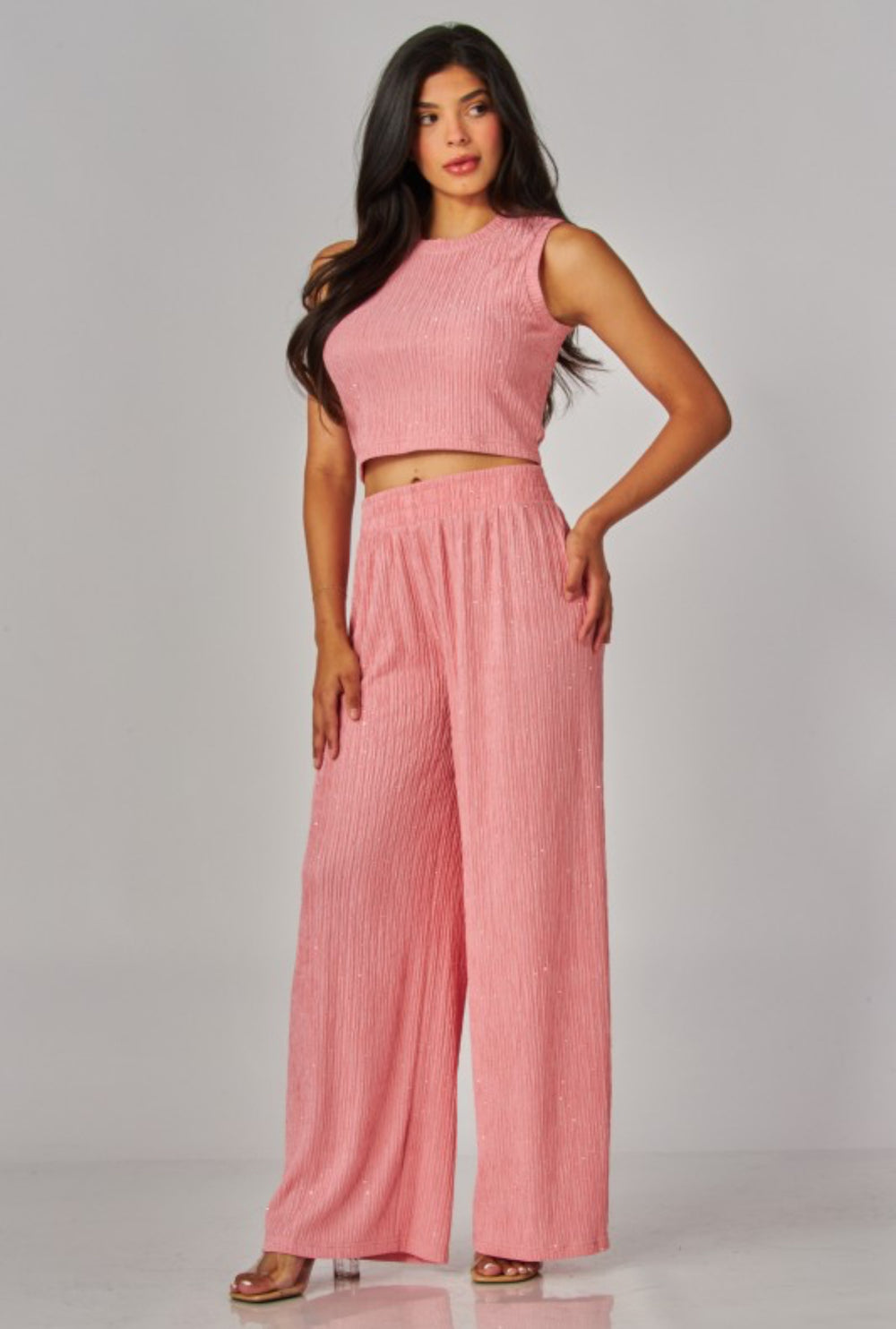 Crinkled Rhinestone Crop Top Loungewear Set