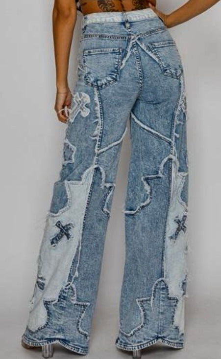 Cross Patch Wide Leg Jeans
