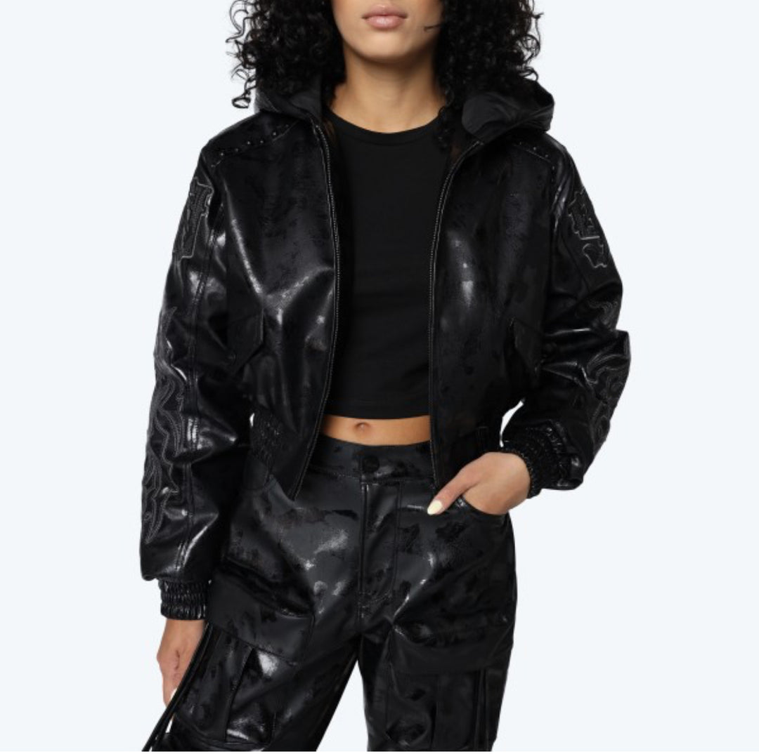 Appliqué Zip Up Hooded PU Jacket