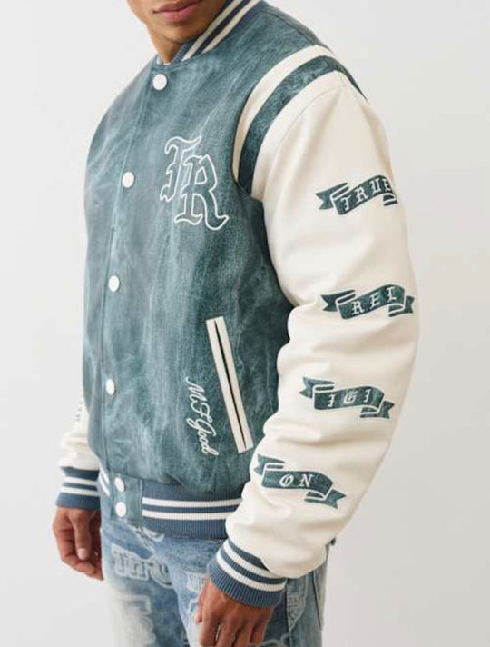 Retro Denim Print Varsity Jacket