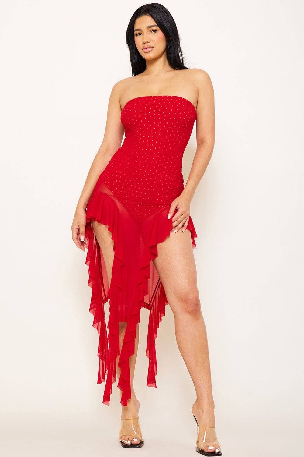 EMBELLISHED BODYSUIT BANDEAU MINI DRESS