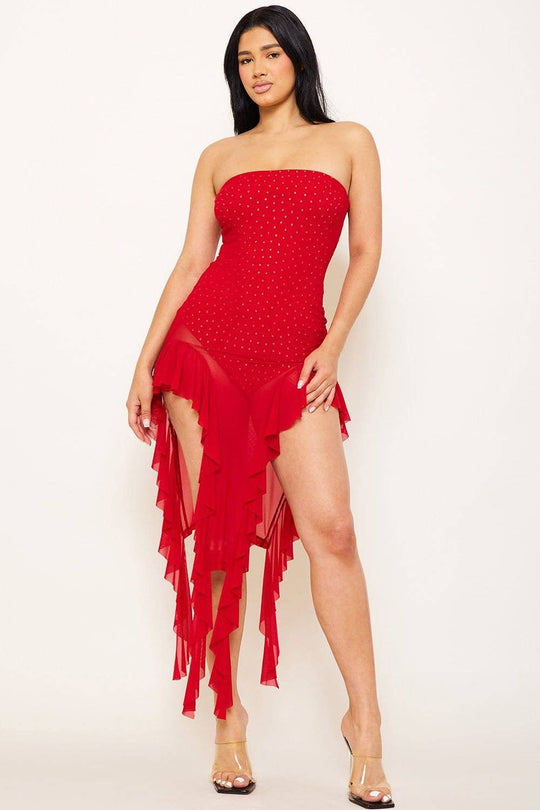 EMBELLISHED BODYSUIT BANDEAU MINI DRESS