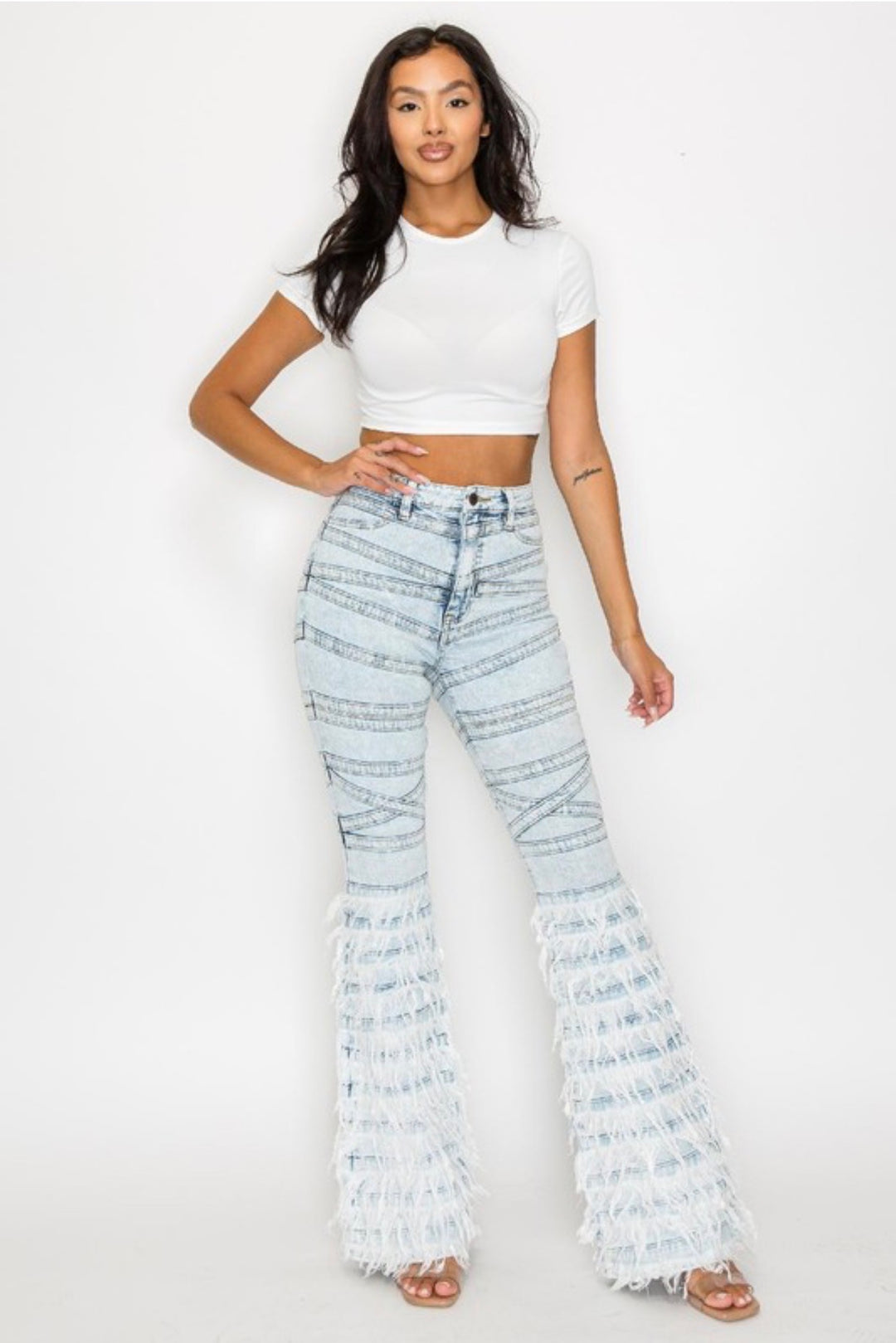 Light Blue Frayed Flared Jeans