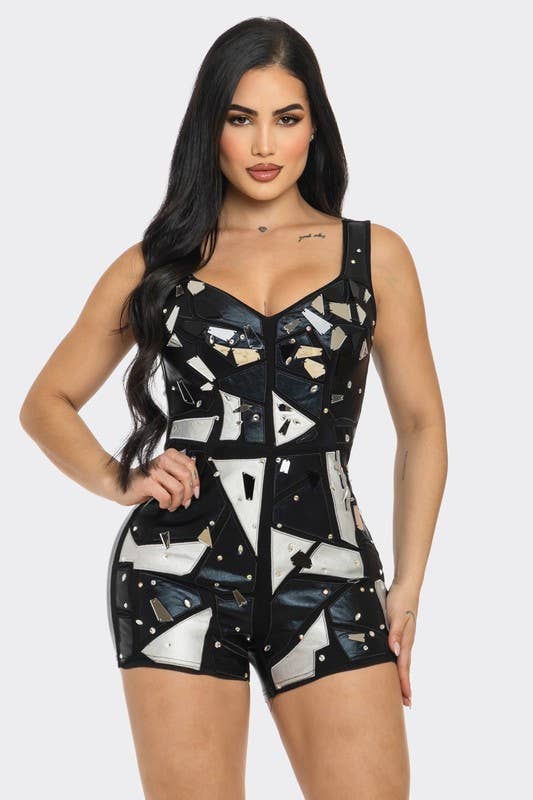 Metallic Mirror Rhinestone Patchwork Romper