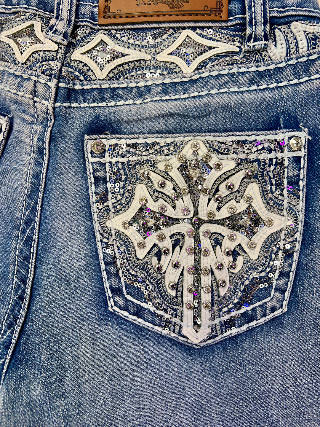 Sand Wash Embroidered And Rhinestone Jeans