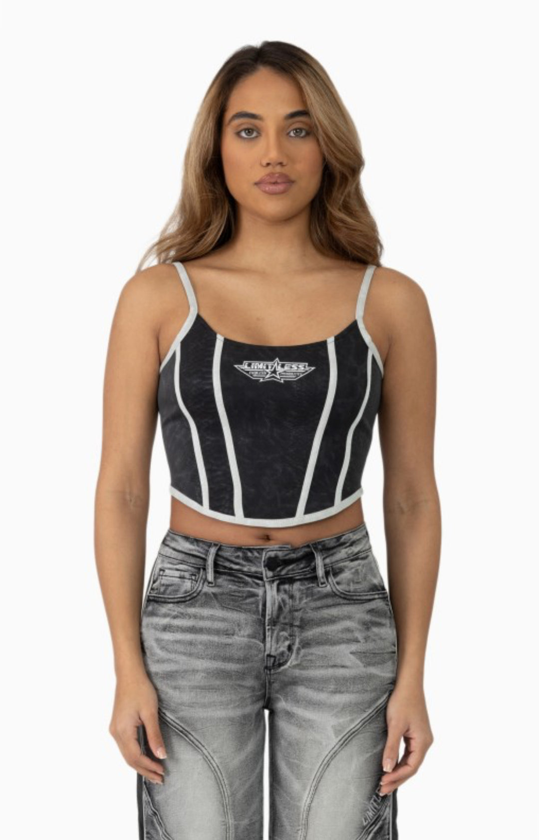 Snake Skin Bustier, Jean Trucker Jacket And High Rise Wide Leg Set