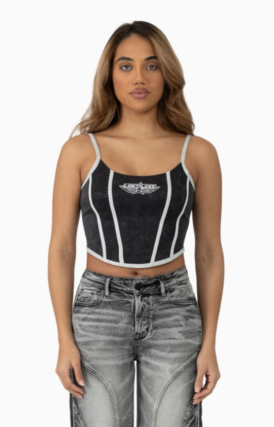 Snake Skin Bustier, Jean Trucker Jacket And High Rise Wide Leg Set