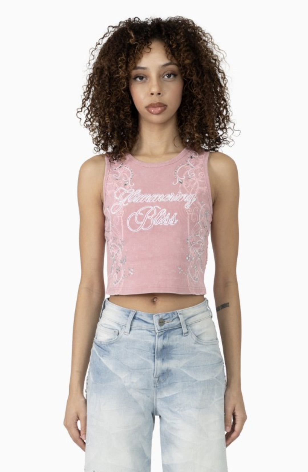 Bliss Fitted Tank and Rhinestone Mid Rise Wide Leg Jeans Set