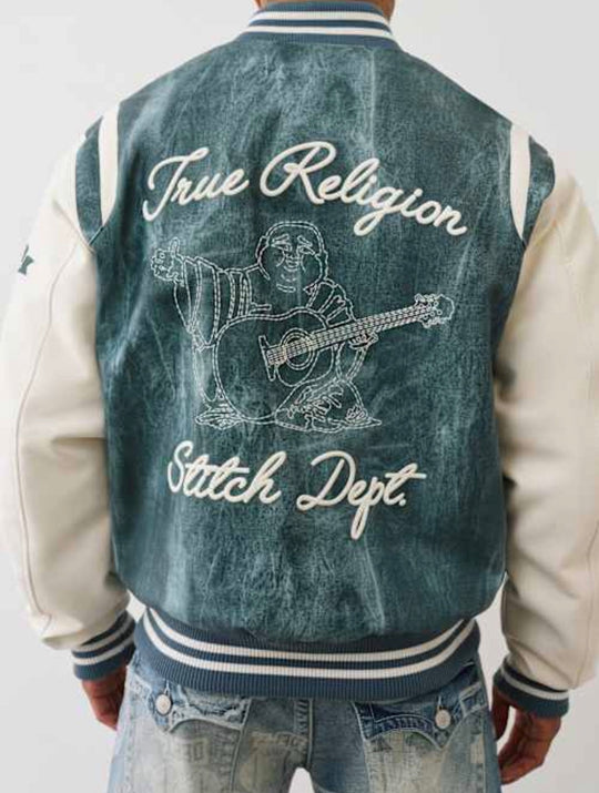 Retro Denim Print Varsity Jacket