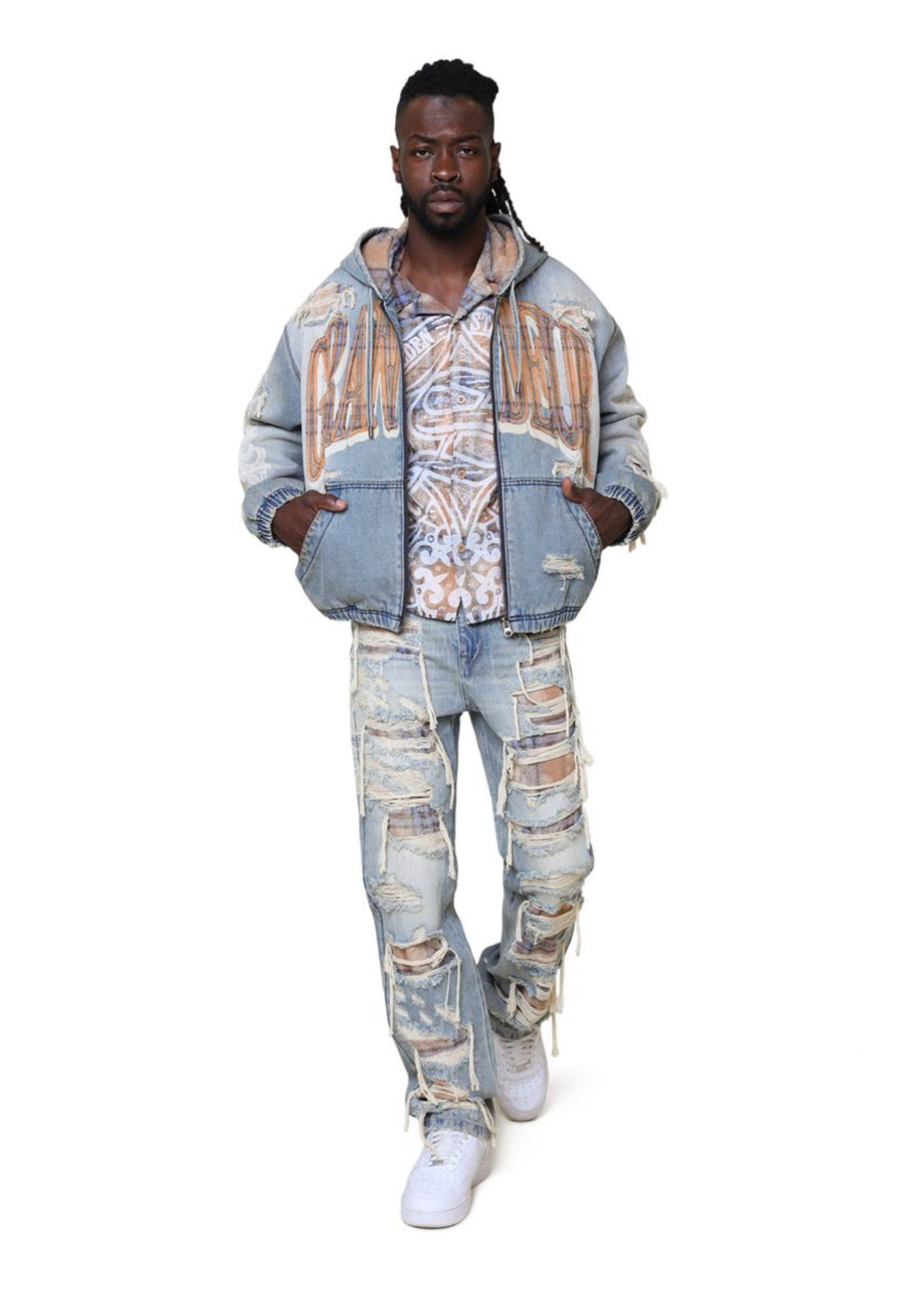Grandeur Plaid Denim Hoodie Jacket