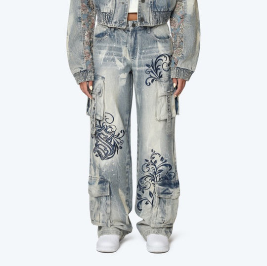 Mid Rise Embroidered Wide Leg Jeans