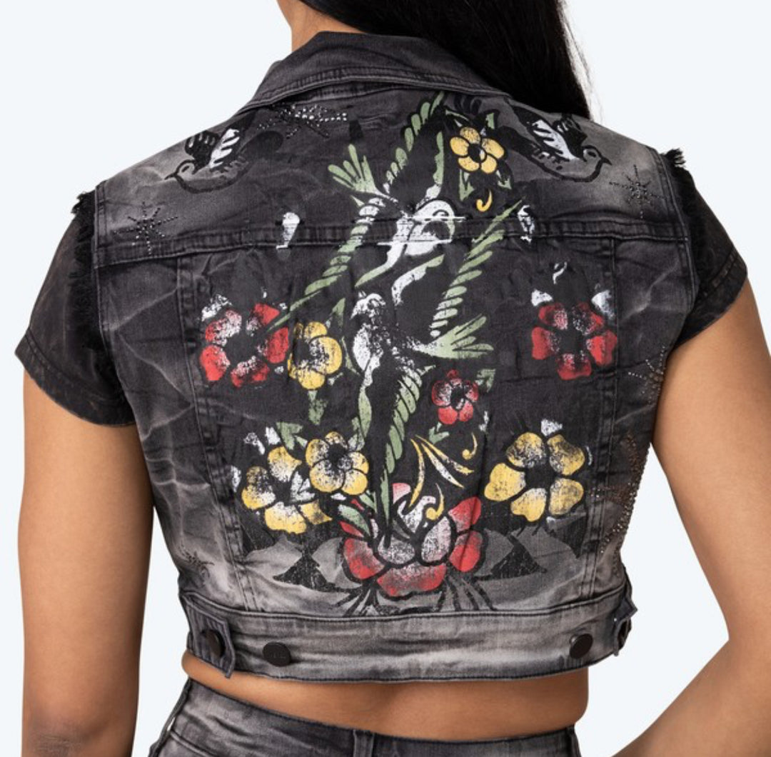 Graphic Rhinestone Embedded Denim Short Set