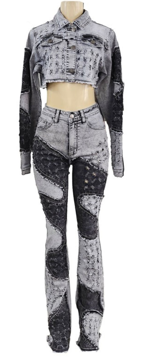 Grey Patch Jean Set