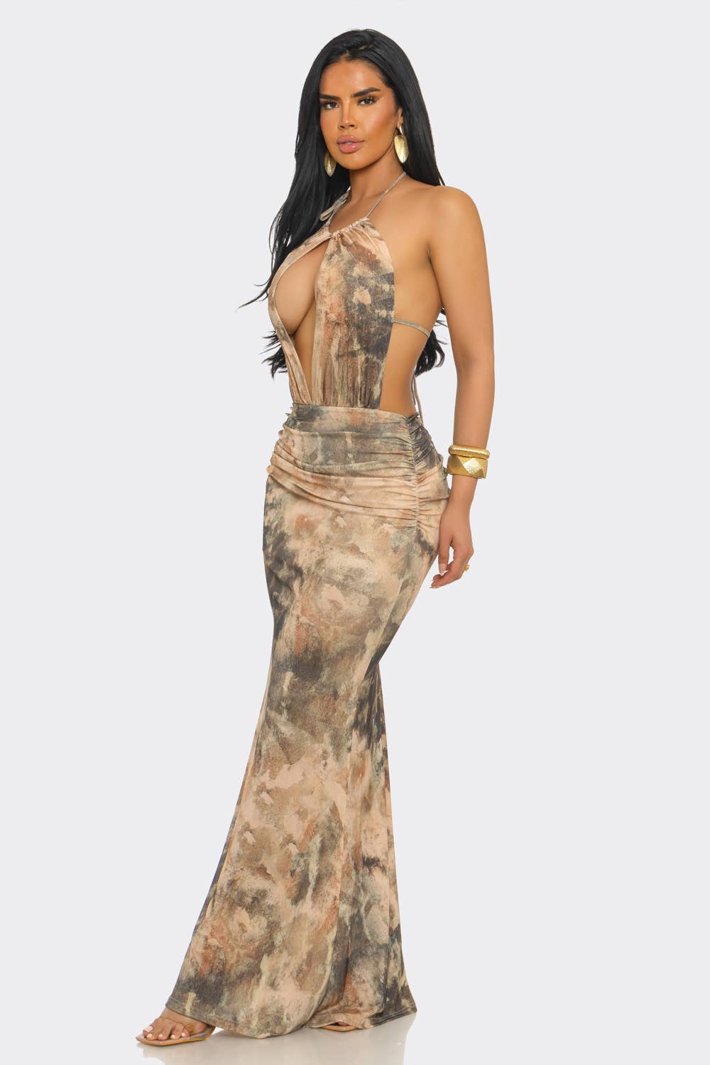 SEMI-CUTOUT BODICE & HALTER NECK PRINTED MAXI DRESS