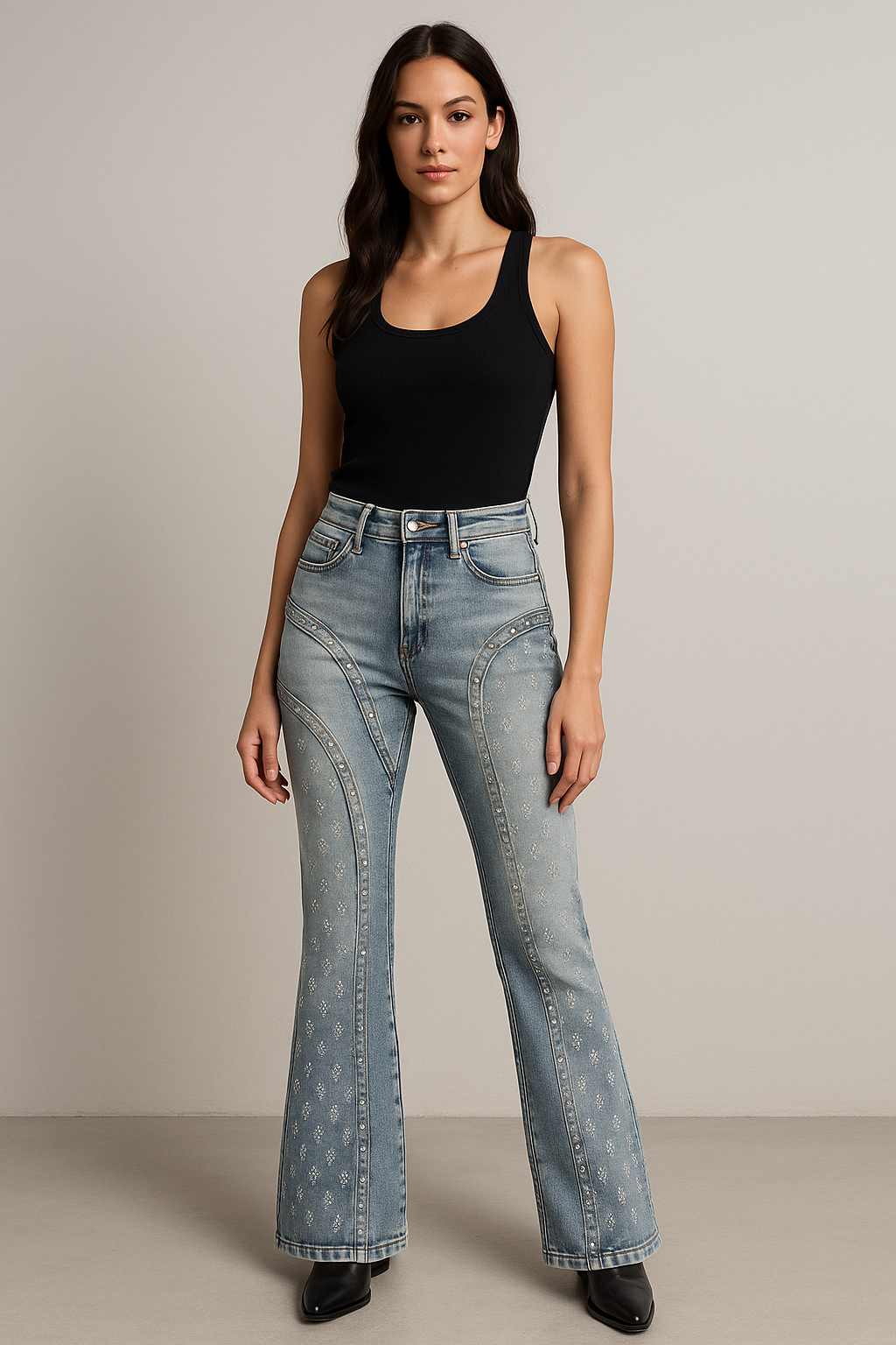 Stacked Rhinestone & Rivet Embedded Jeans