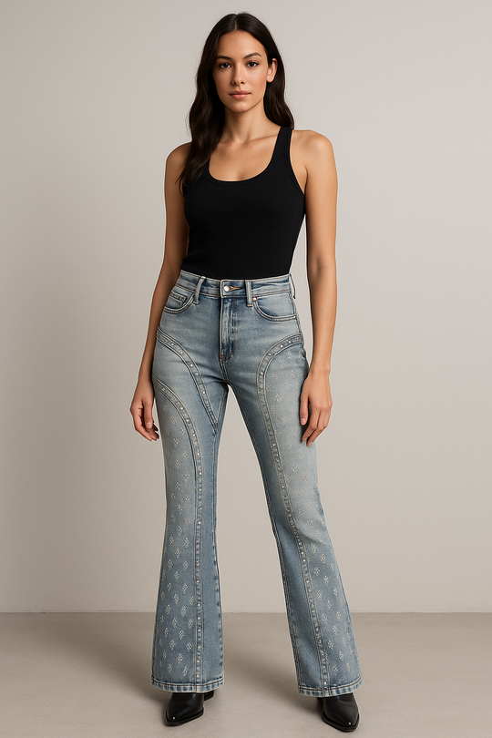 Stacked Rhinestone & Rivet Embedded Jeans