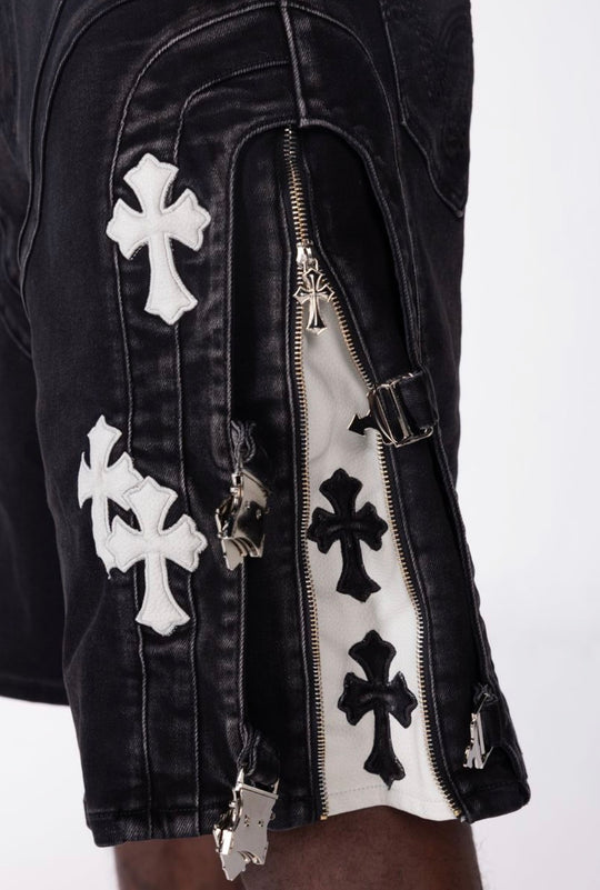 Obsidian Black Cross Buckle Jean Shorts